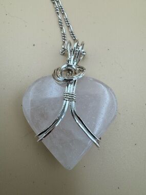 Rose Quartz Heart Pendant Necklace - Sterling Silver Wire Wrap. 89